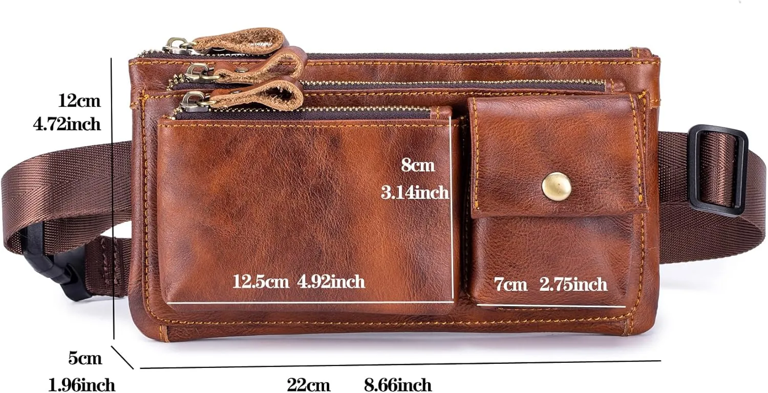 Genuine Leather Fanny Pack Waist Bag for Men Women Clutch Bag Hip Bum Bag Travel Pouch Sling Bag Crossbody Chest Bags Shoulder Daypack Multiple Pockets Waist Pack Brown
