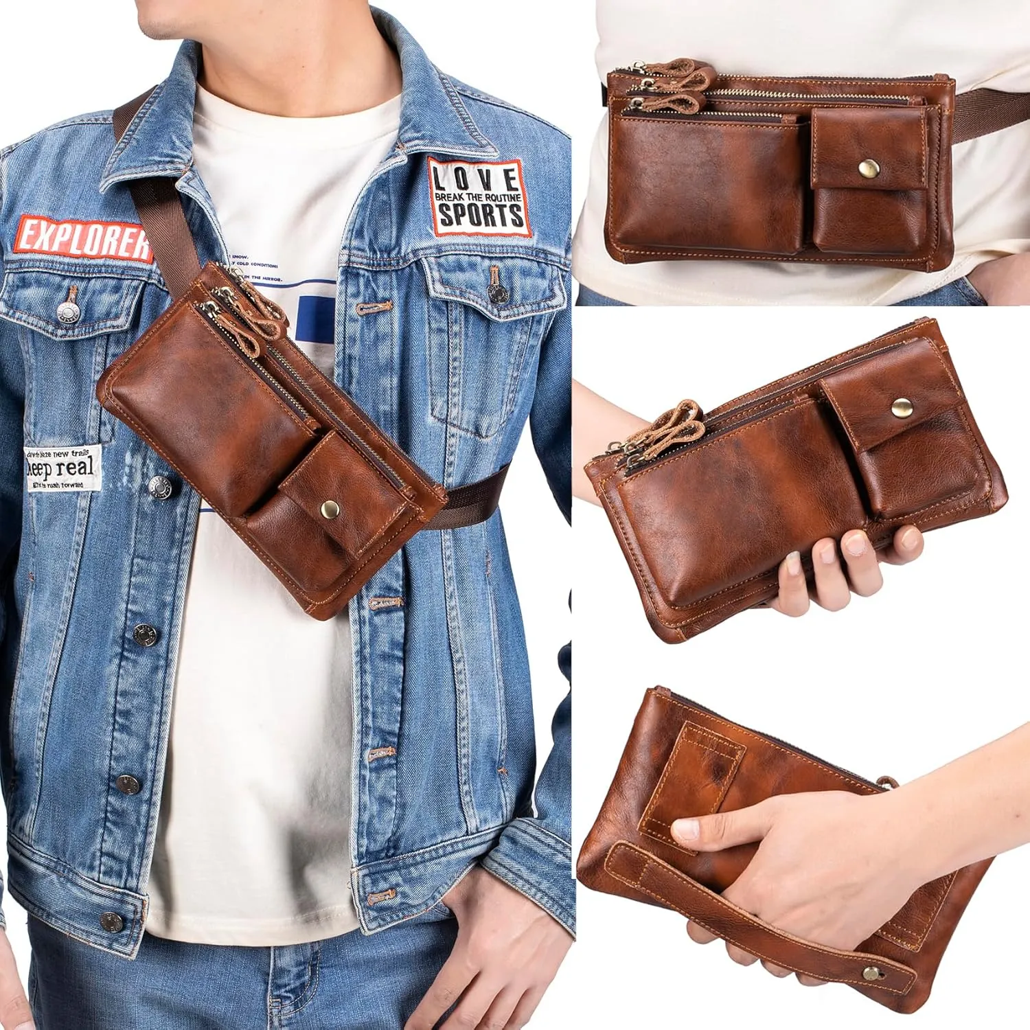 Genuine Leather Fanny Pack Waist Bag for Men Women Clutch Bag Hip Bum Bag Travel Pouch Sling Bag Crossbody Chest Bags Shoulder Daypack Multiple Pockets Waist Pack Brown