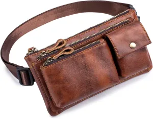 Genuine Leather Fanny Pack Waist Bag for Men Women Clutch Bag Hip Bum Bag Travel Pouch Sling Bag Crossbody Chest Bags Shoulder Daypack Multiple Pockets Waist Pack Brown