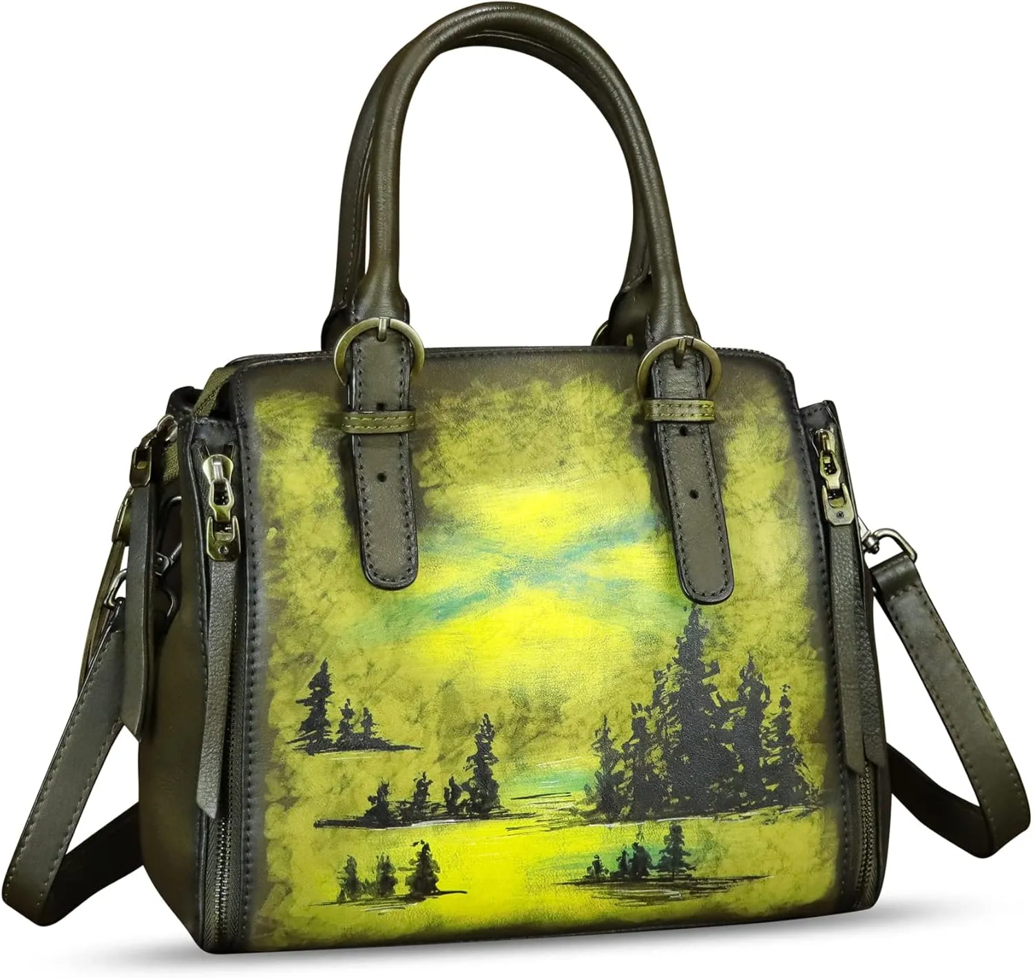 Genuine Leather Handbag for Women Hand Painted Leather Top Handle Purse Handmade Crossbody Satchel Tote Bag