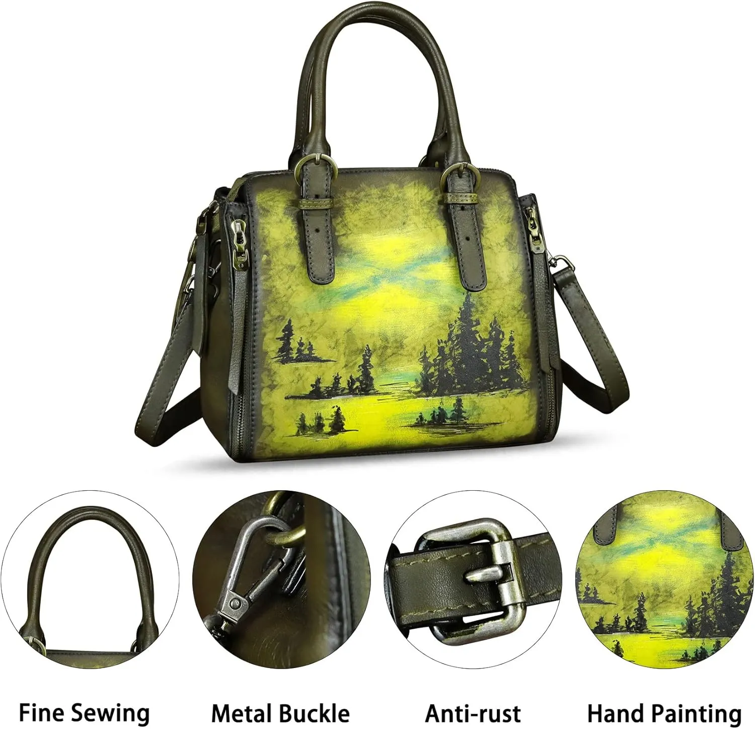 Genuine Leather Handbag for Women Hand Painted Leather Top Handle Purse Handmade Crossbody Satchel Tote Bag
