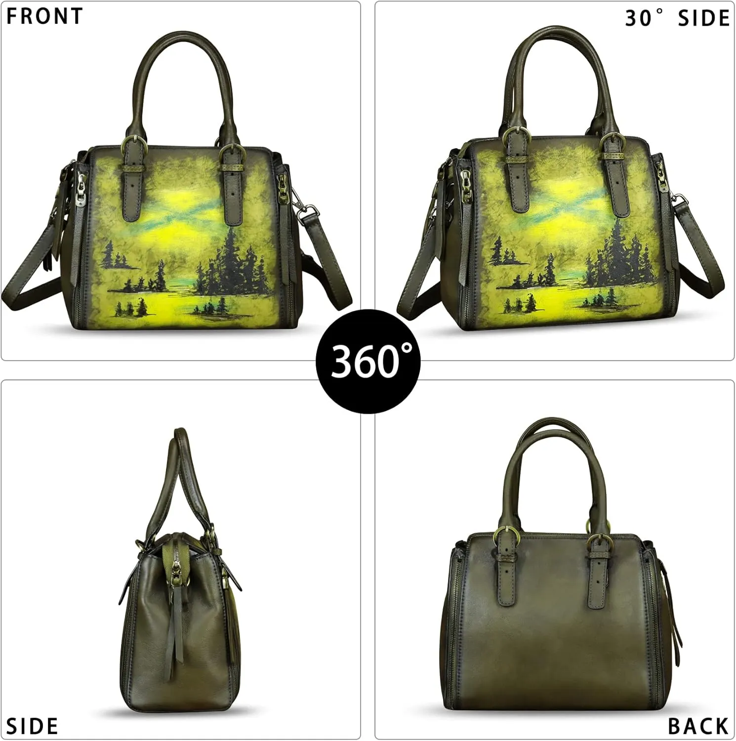 Genuine Leather Handbag for Women Hand Painted Leather Top Handle Purse Handmade Crossbody Satchel Tote Bag
