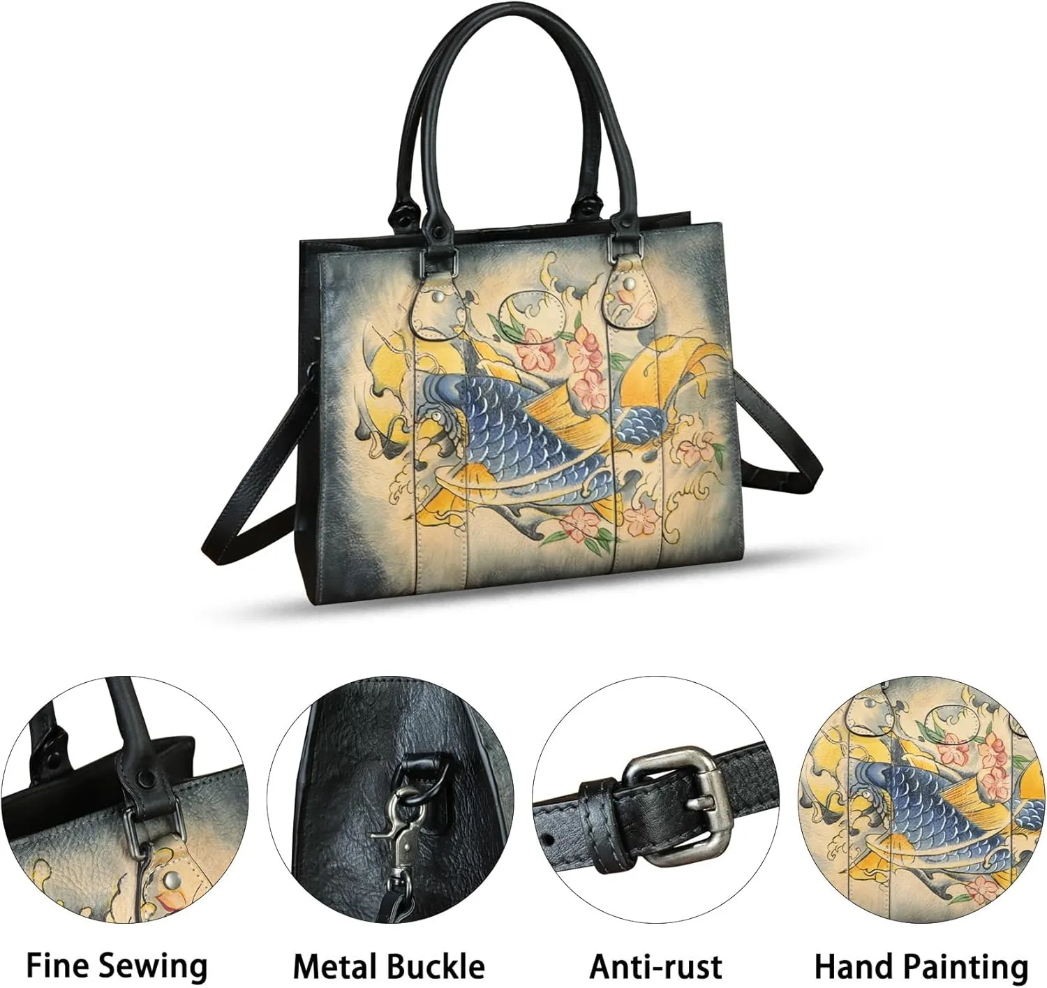 Genuine Leather Handbag Satchel for Women Hand Painted Handmade Work Tote Bag Crossbody Shoulder Purse