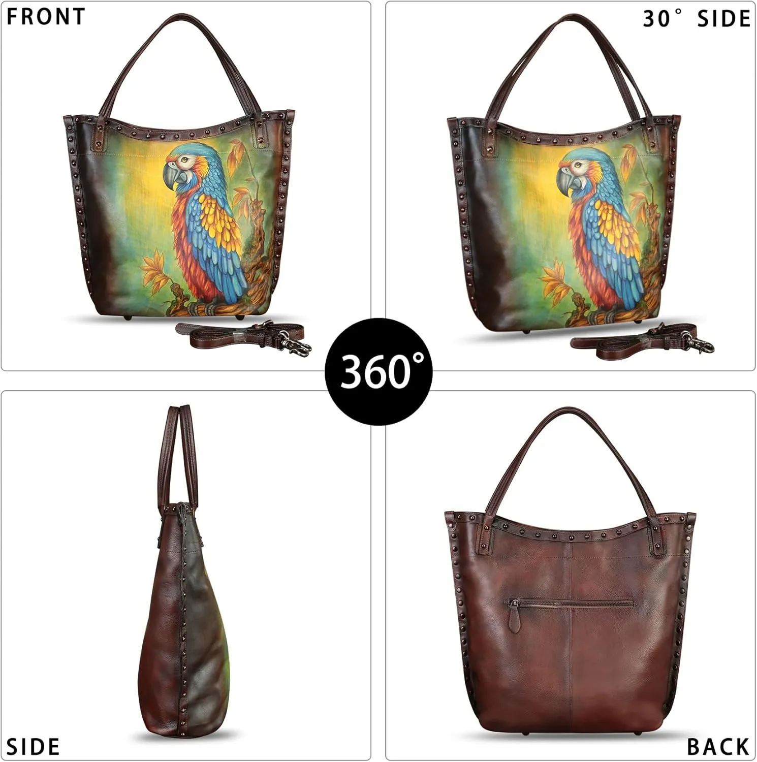 Genuine Leather Shoulder Bag for Women Hand Painted Leather Handbag Handmade Purse Crossbody Work Tote Bag Casual Purse