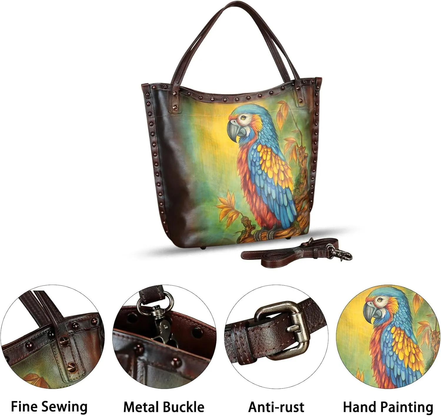 Genuine Leather Shoulder Bag for Women Hand Painted Leather Handbag Handmade Purse Crossbody Work Tote Bag Casual Purse