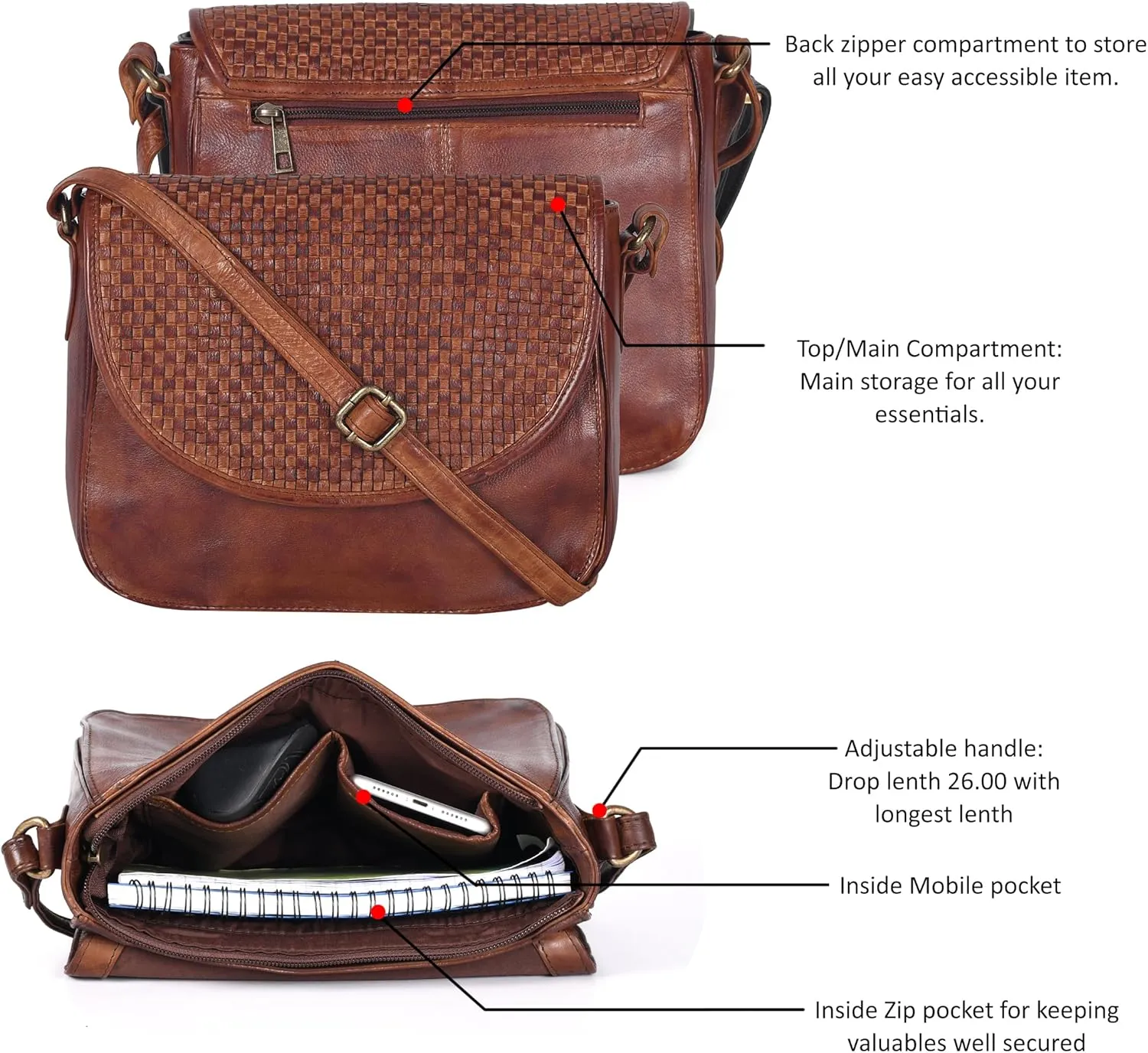 Genuine Leather Shoulder Crossbody Purse For Women with Adjustable Strap, Mobile Pocket & Outside & Inside Zipper