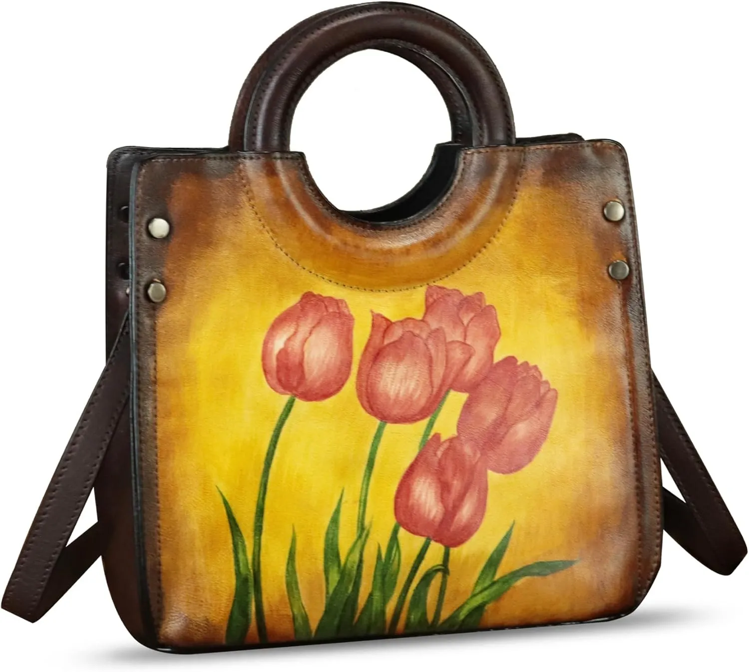 Genuine Leather Tote Bag for Women Hand Painted Leather Shoulder Handbag Handmade Purse Crossbody Work Tote Casual Purse