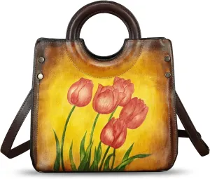 Genuine Leather Tote Bag for Women Hand Painted Leather Shoulder Handbag Handmade Purse Crossbody Work Tote Casual Purse