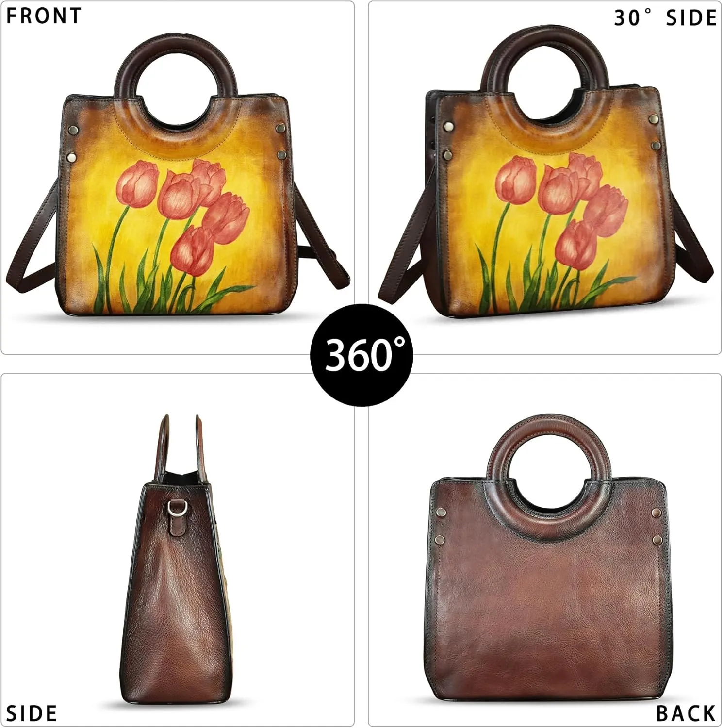 Genuine Leather Tote Bag for Women Hand Painted Leather Shoulder Handbag Handmade Purse Crossbody Work Tote Casual Purse