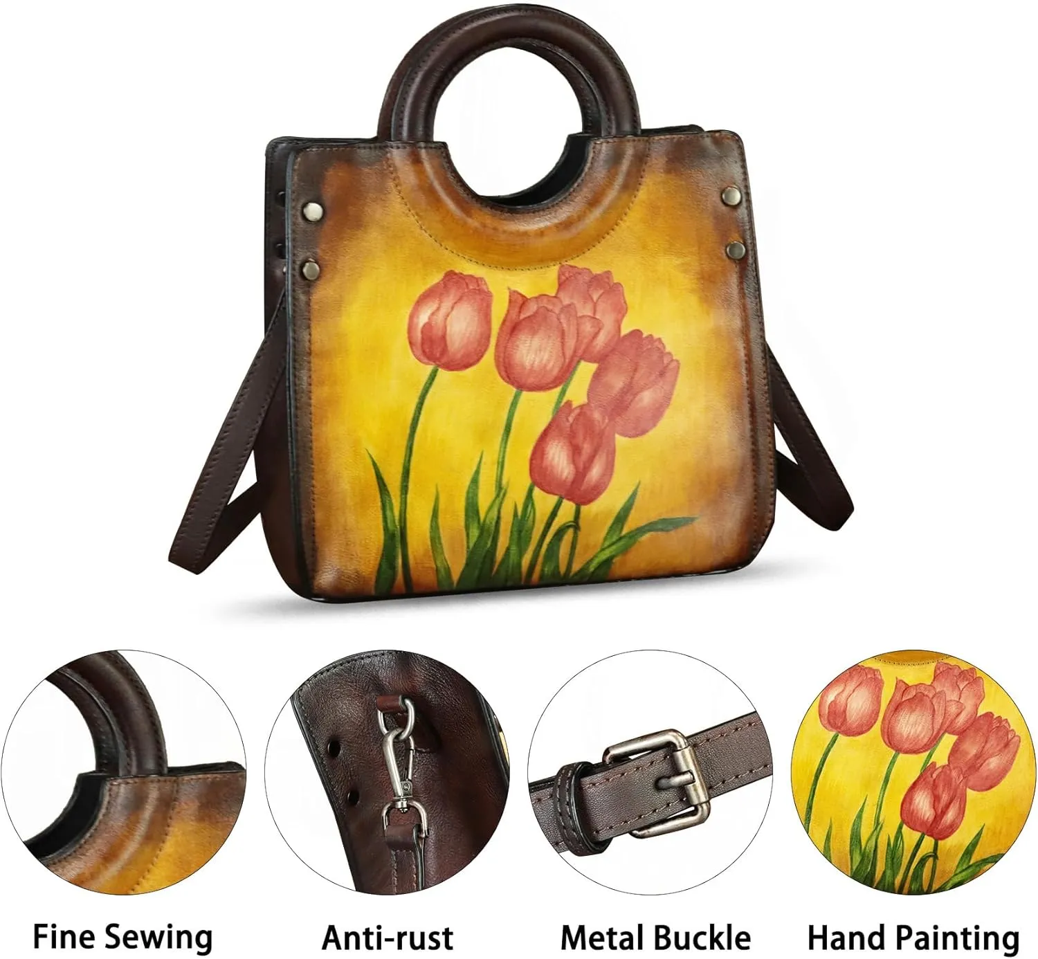 Genuine Leather Tote Bag for Women Hand Painted Leather Shoulder Handbag Handmade Purse Crossbody Work Tote Casual Purse