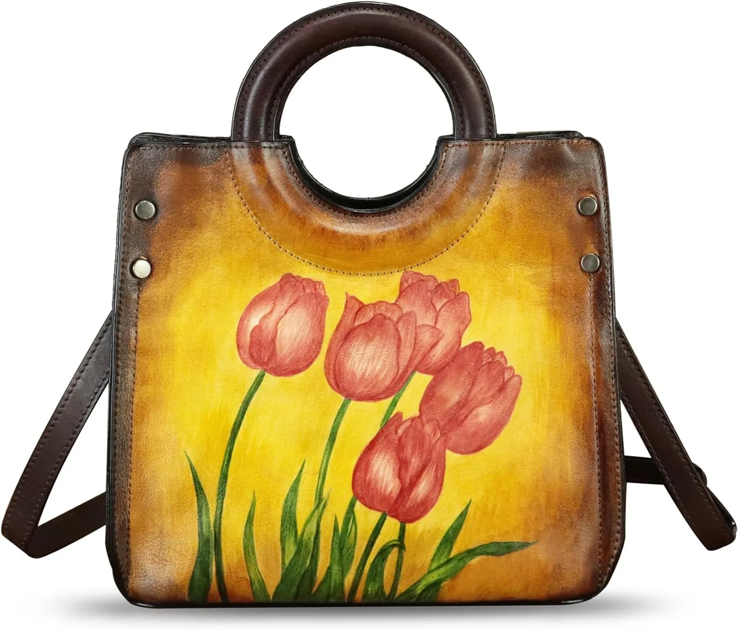 Genuine Leather Tote Bag for Women Hand Painted Leather Shoulder Handbag Handmade Purse Crossbody Work Tote Casual Purse