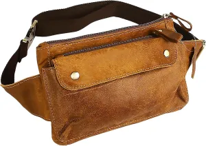 Genuine Leather Waist Bag, Fanny Pack & Bum Bag for Sport Hiking Traveling Climbing, Crossbody Design, Light Brown, Fits Waist Sizes 25"-50”