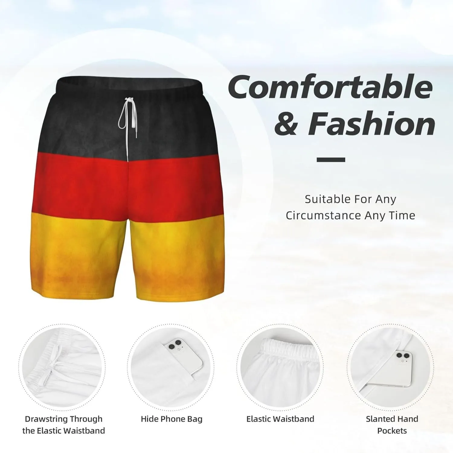 Germany Flag Print Men's Double Layer Swim Shorts, Gym Workout Shorts with Pocket