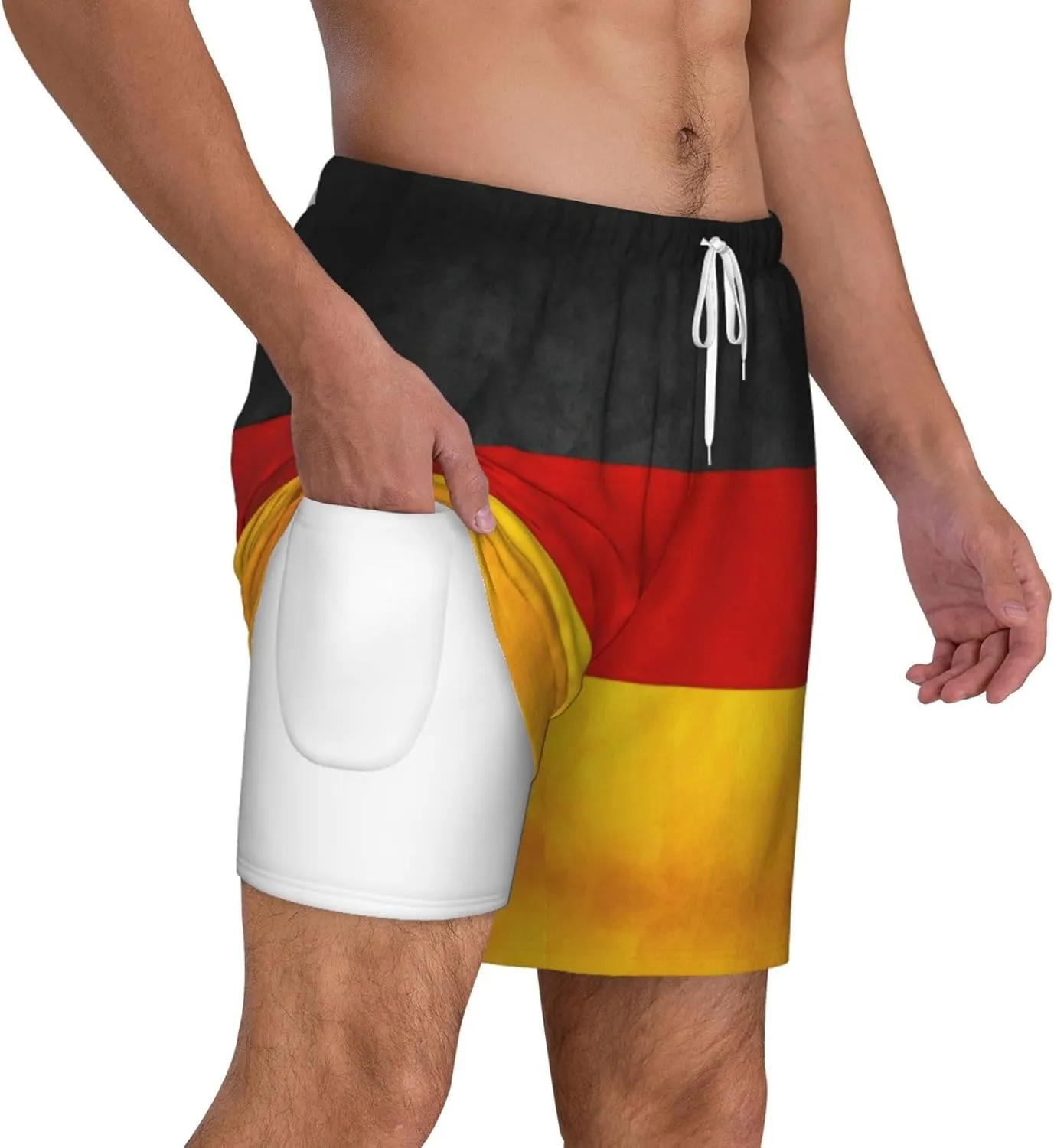 Germany Flag Print Men's Double Layer Swim Shorts, Gym Workout Shorts with Pocket