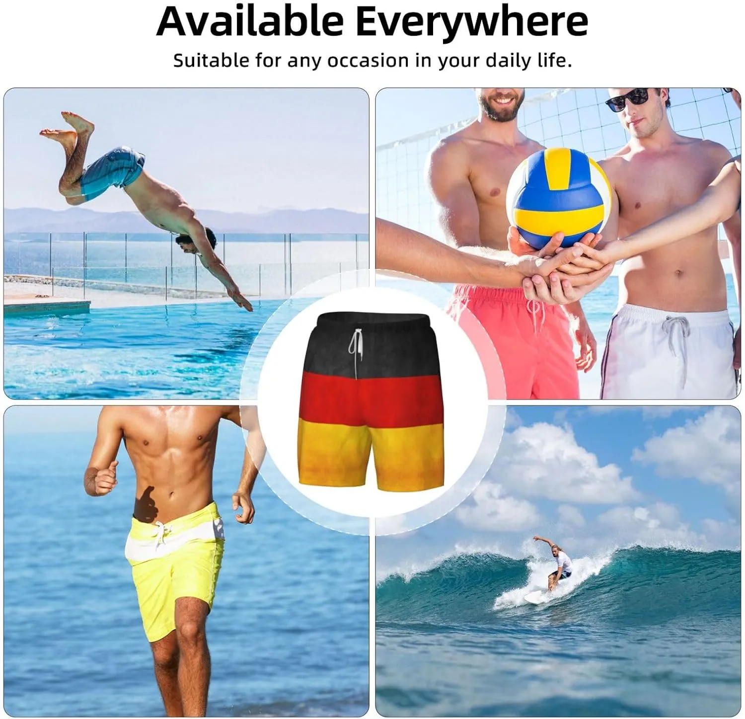 Germany Flag Print Men's Double Layer Swim Shorts, Gym Workout Shorts with Pocket