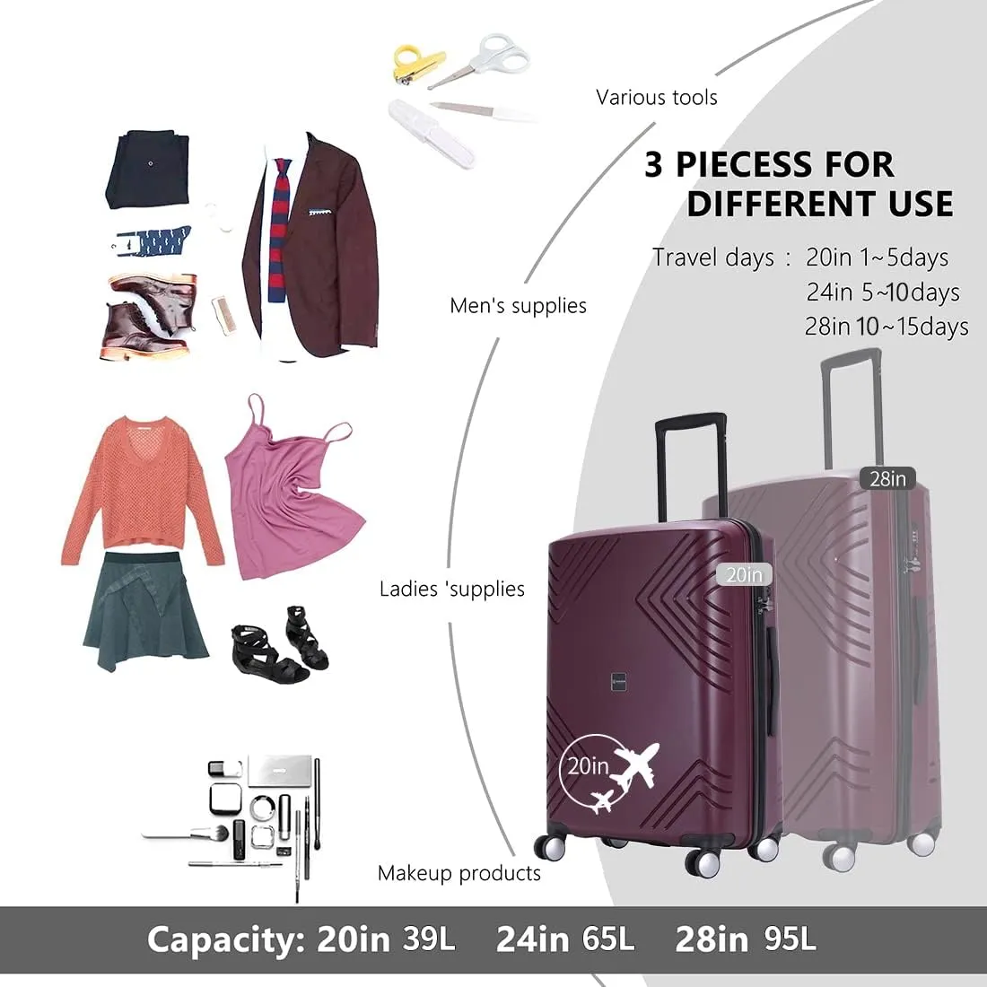GinzaTravel Rune series expandable 2 Luggage Sets,Lightweight Hardside Suitcase With Spinner Wheels TSA Lock,PP material business fashion suitcase