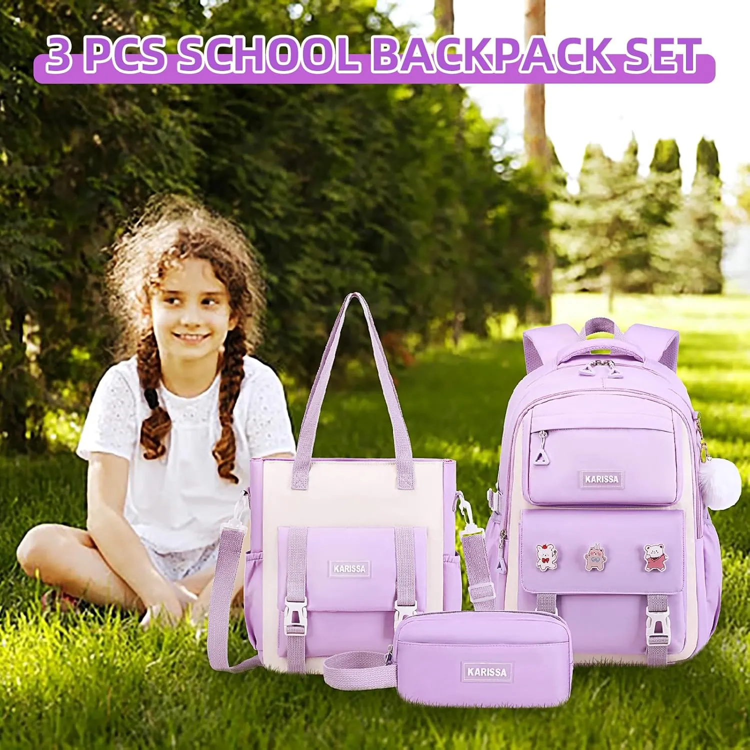 Girls Backpack, 3pcs Sets Kids Backpack for Girls with Anti-theft Back Pocket, Lightweight School Backpacks Water Resistant Tote Bag with Pencil Case for Elementary Primary School, Purple