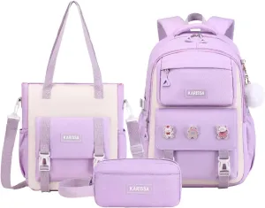 Girls Backpack, 3pcs Sets Kids Backpack for Girls with Anti-theft Back Pocket, Lightweight School Backpacks Water Resistant Tote Bag with Pencil Case for Elementary Primary School, Purple