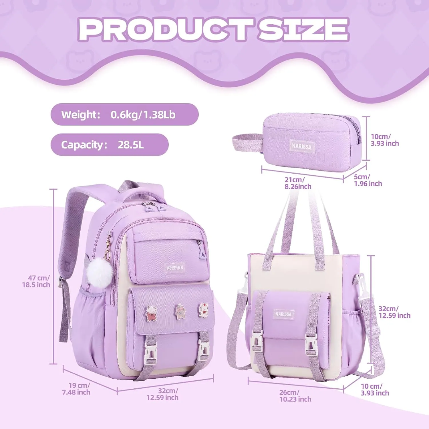 Girls Backpack, 3pcs Sets Kids Backpack for Girls with Anti-theft Back Pocket, Lightweight School Backpacks Water Resistant Tote Bag with Pencil Case for Elementary Primary School, Purple
