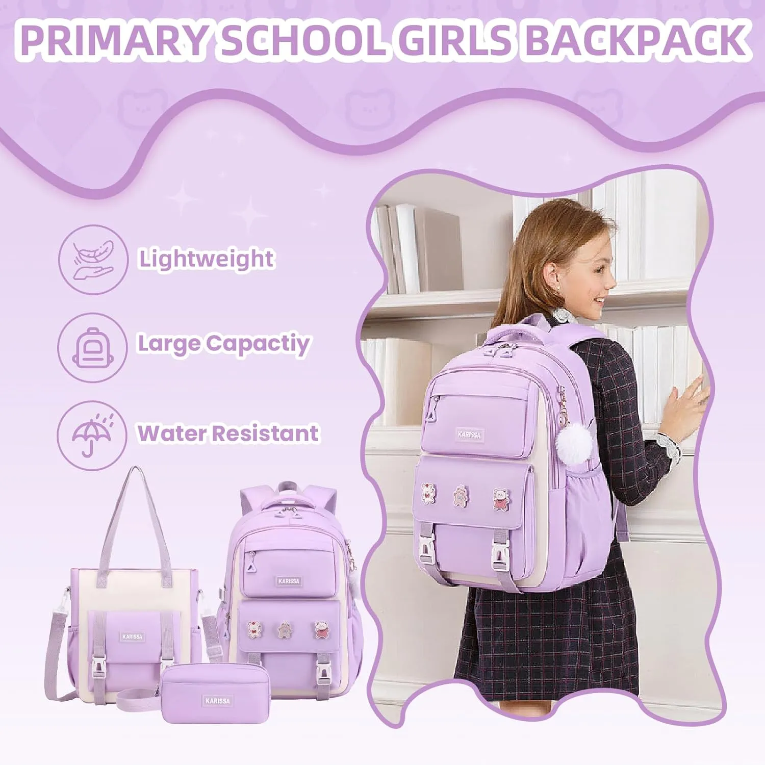 Girls Backpack, 3pcs Sets Kids Backpack for Girls with Anti-theft Back Pocket, Lightweight School Backpacks Water Resistant Tote Bag with Pencil Case for Elementary Primary School, Purple