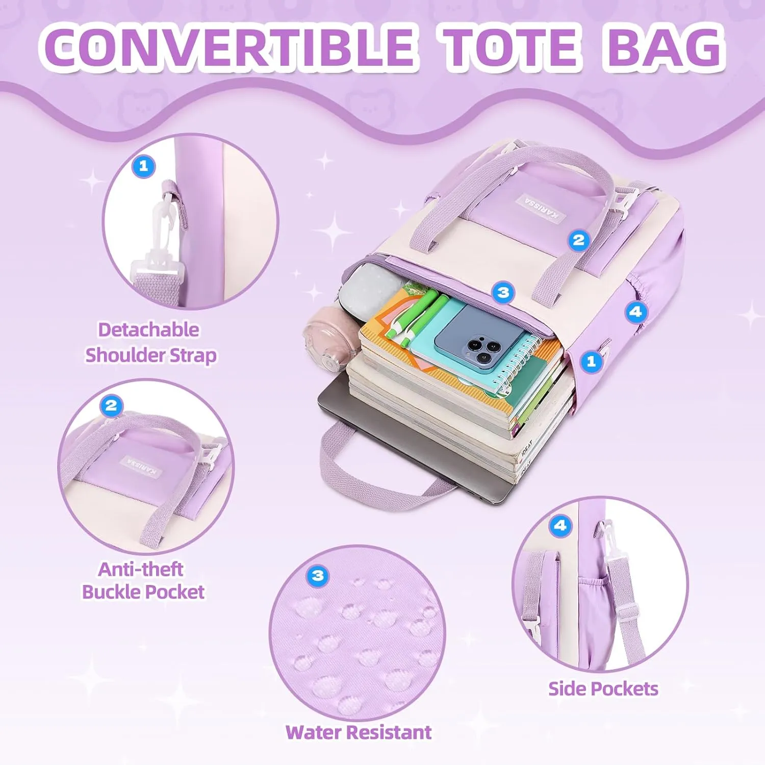 Girls Backpack, 3pcs Sets Kids Backpack for Girls with Anti-theft Back Pocket, Lightweight School Backpacks Water Resistant Tote Bag with Pencil Case for Elementary Primary School, Purple