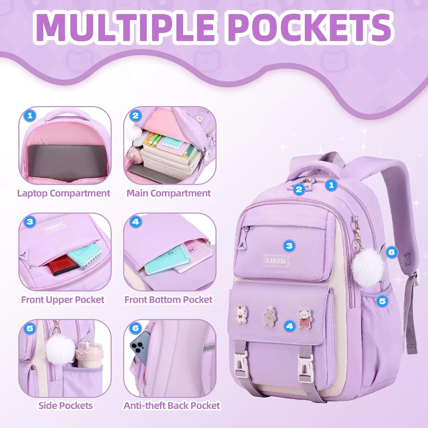 Girls Backpack, 3pcs Sets Kids Backpack for Girls with Anti-theft Back Pocket, Lightweight School Backpacks Water Resistant Tote Bag with Pencil Case for Elementary Primary School, Purple