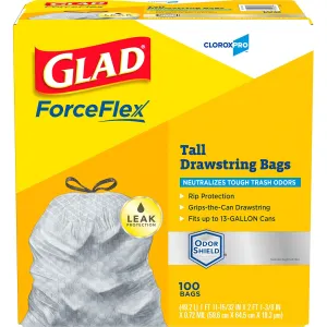 Glad ForceFlex Tall Kitchen Drawstring Trash Bags, Clorox 13 Gallon Trash Bags for Tall Trash Can, Industrial Cleaning, Unscented, 100 Count - 70427
