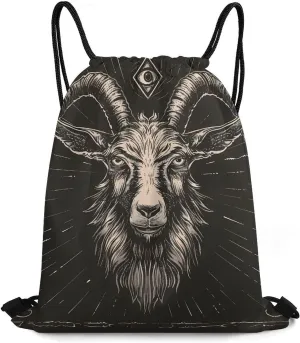 Goat Print Occult Eye Devil Sports Gym Bag Lightweight Drawstring Backpack String Bag for Travel Hiking