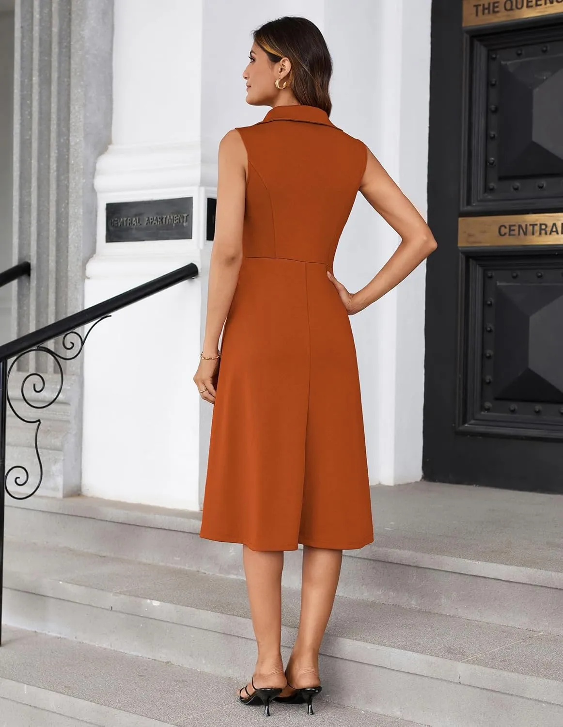 GRACE KARIN 2025 Women's Notch Lapel Ruched Wrap V Neck Business Work Dress Sleeveless A Line Midi Dress