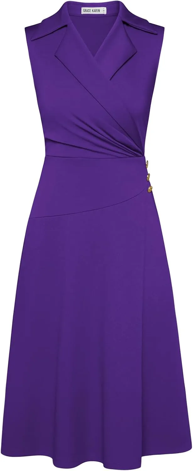 GRACE KARIN 2025 Women's Notch Lapel Ruched Wrap V Neck Business Work Dress Sleeveless A Line Midi Dress