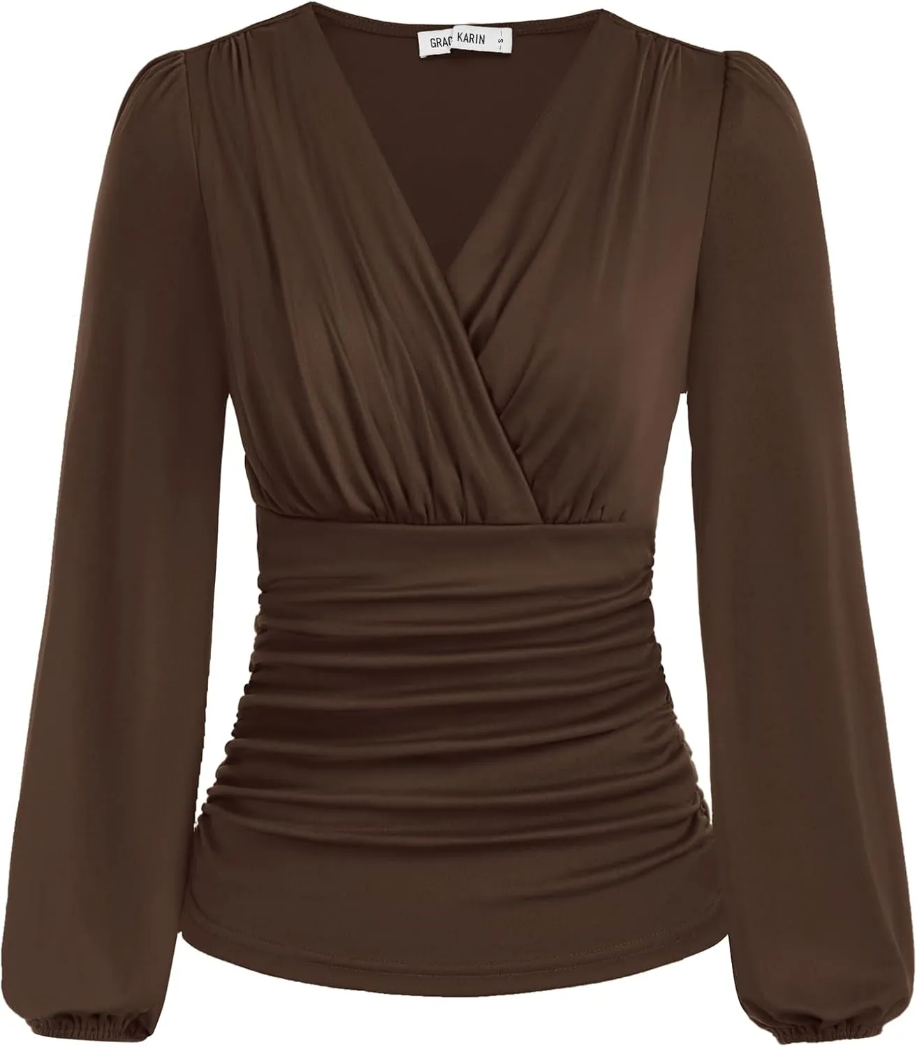 GRACE KARIN 2025 Womens Tops Summer Wrap Blouse V Neck Work Shirt Long Sleeve Dressy Casual Ruched Top Trendy Fashion Outfits
