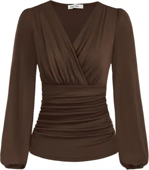 GRACE KARIN 2025 Womens Tops Summer Wrap Blouse V Neck Work Shirt Long Sleeve Dressy Casual Ruched Top Trendy Fashion Outfits