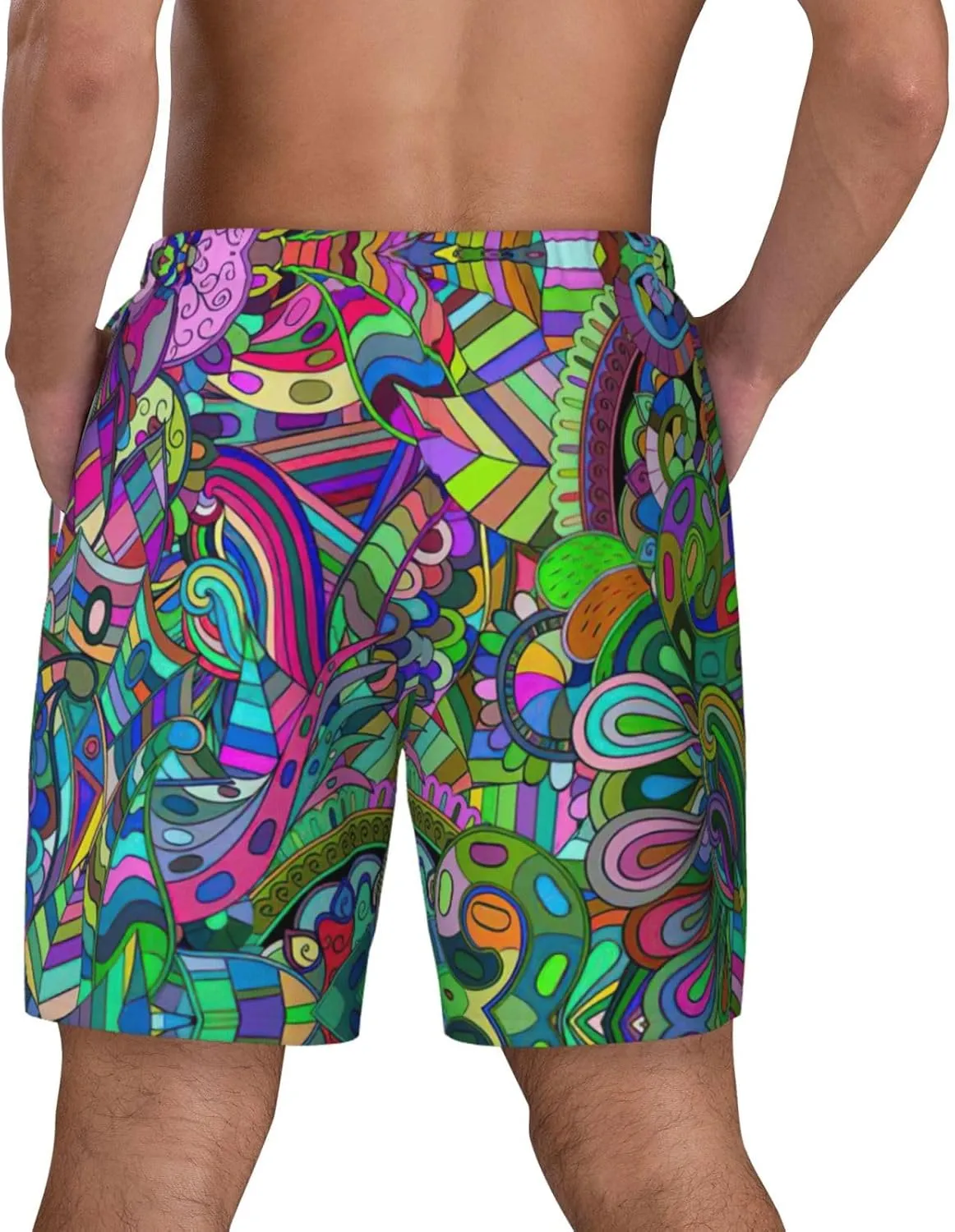 Graffiti Print Men's Double Layer Swim Shorts, Gym Workout Shorts with Pocket