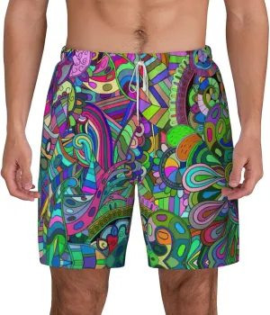 Graffiti Print Men's Double Layer Swim Shorts, Gym Workout Shorts with Pocket