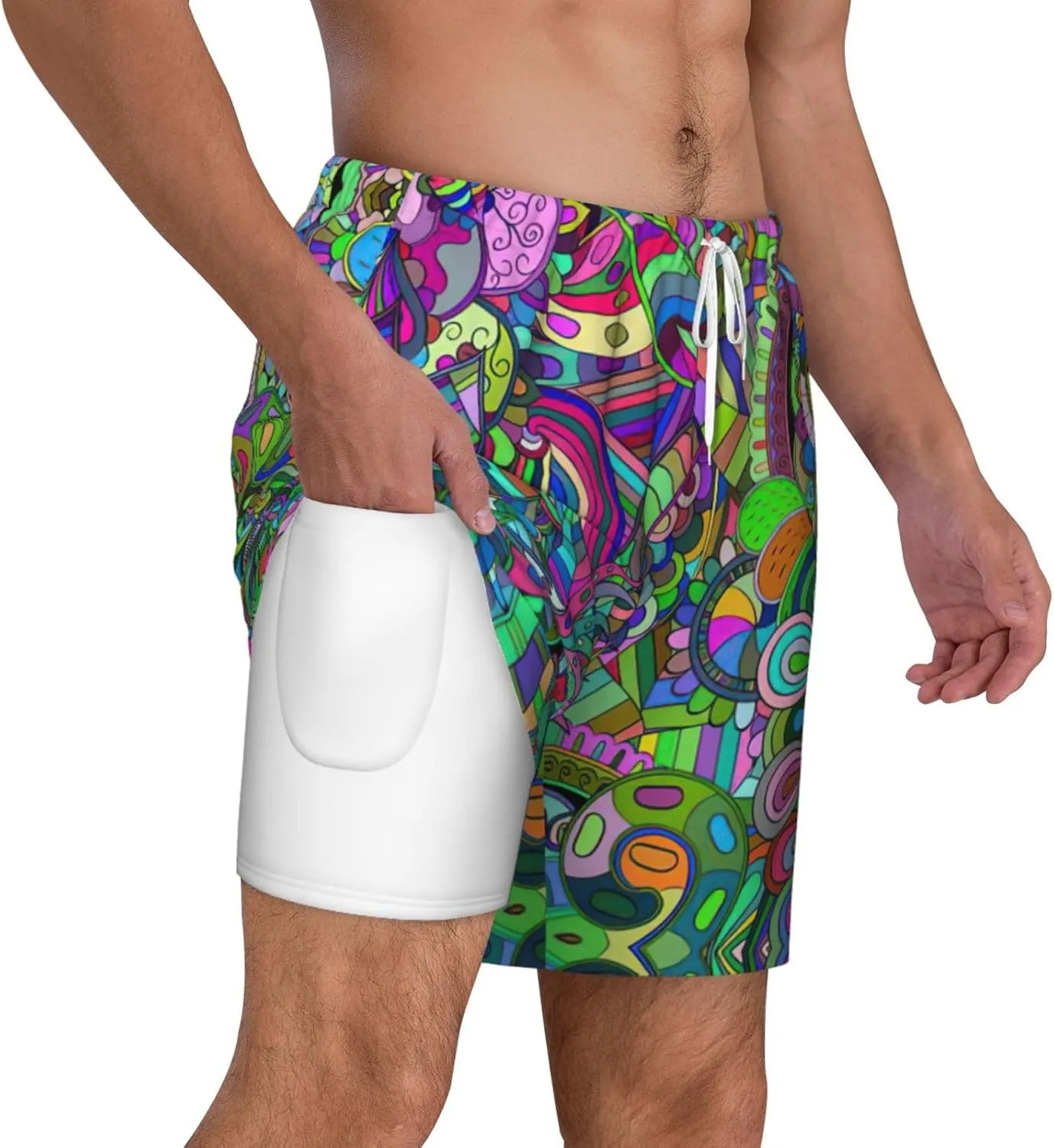 Graffiti Print Men's Double Layer Swim Shorts, Gym Workout Shorts with Pocket