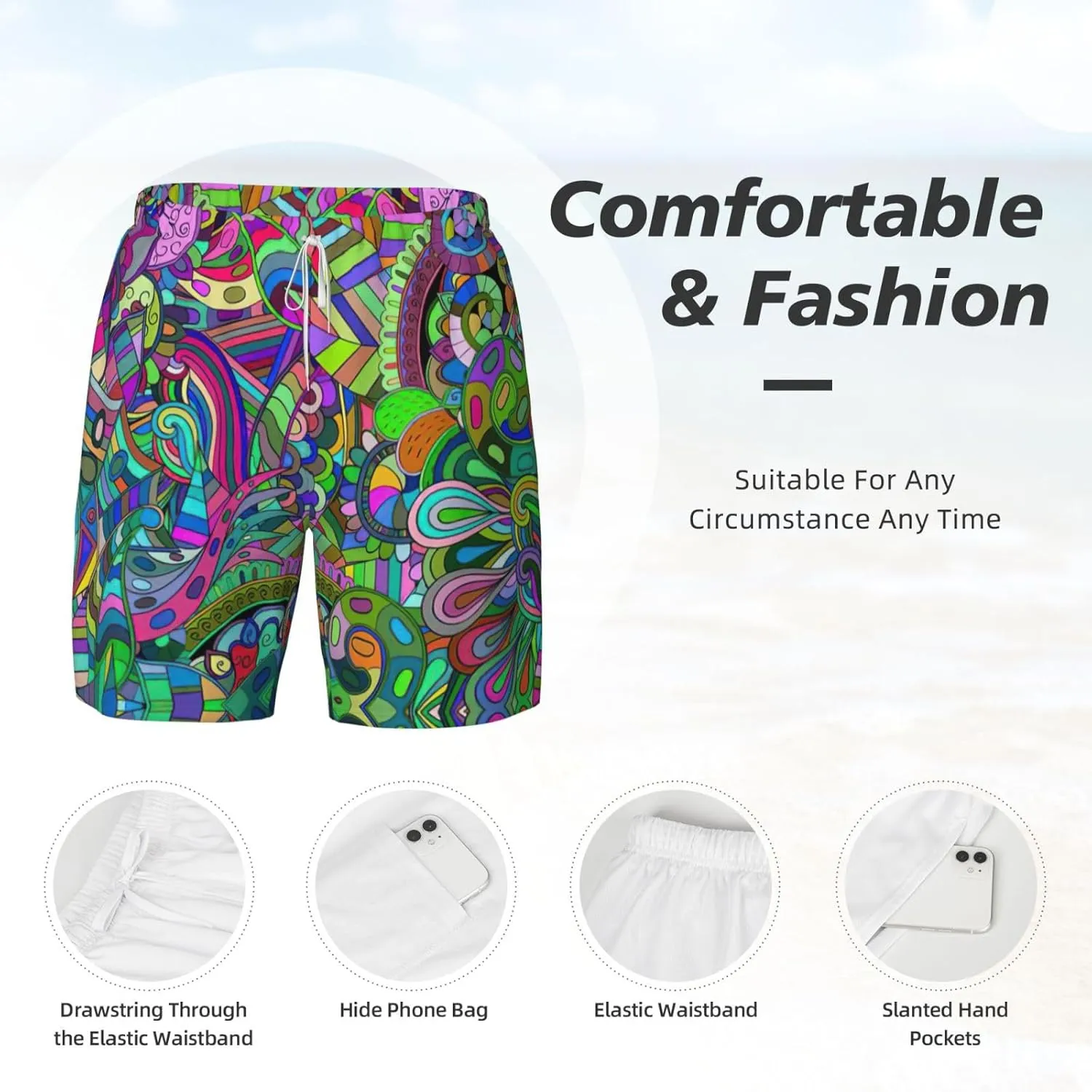 Graffiti Print Men's Double Layer Swim Shorts, Gym Workout Shorts with Pocket