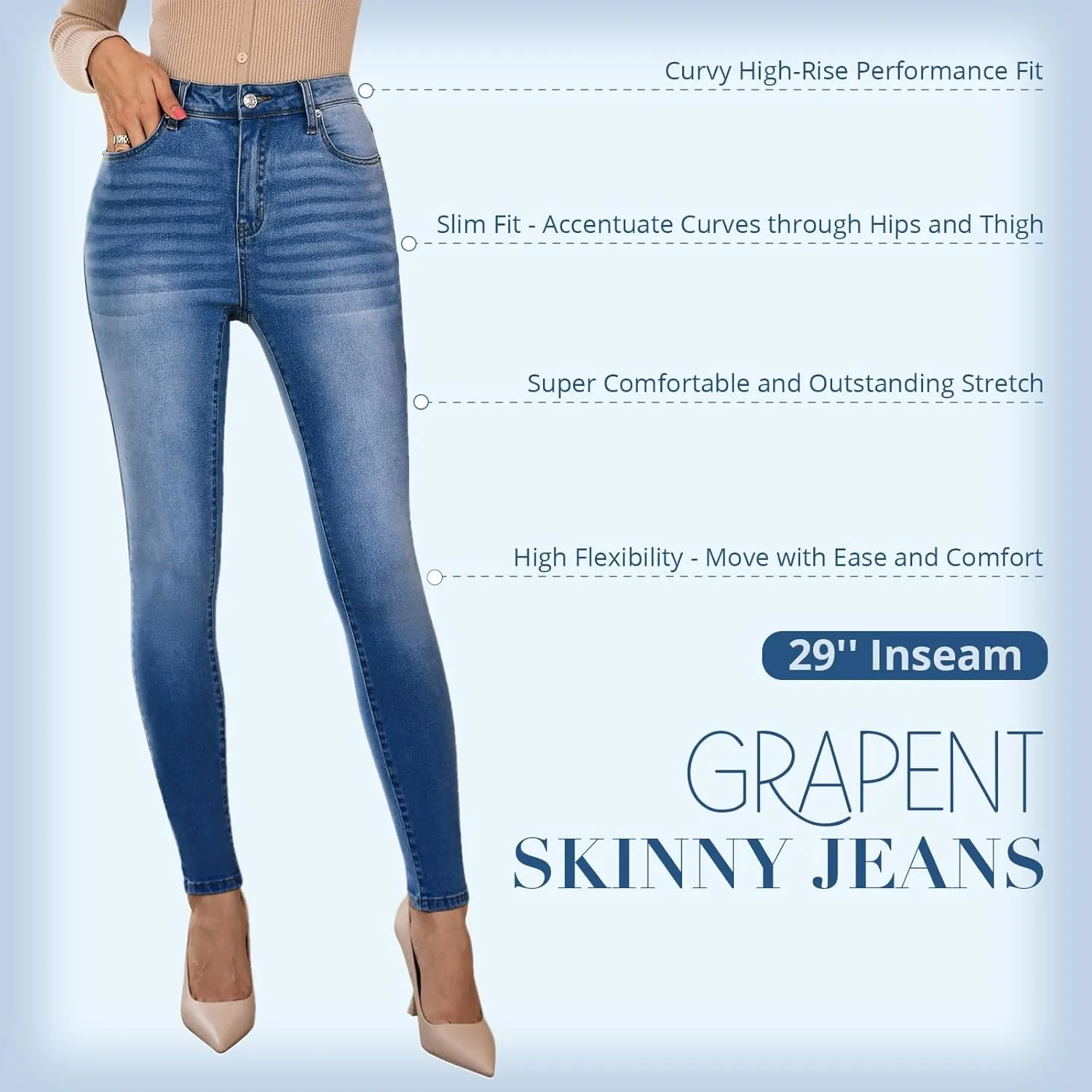 GRAPENT Skinny Jeans for Women High Waist Stretchy Classic High Rise Slimming Jeggings Denim Trousers Pants