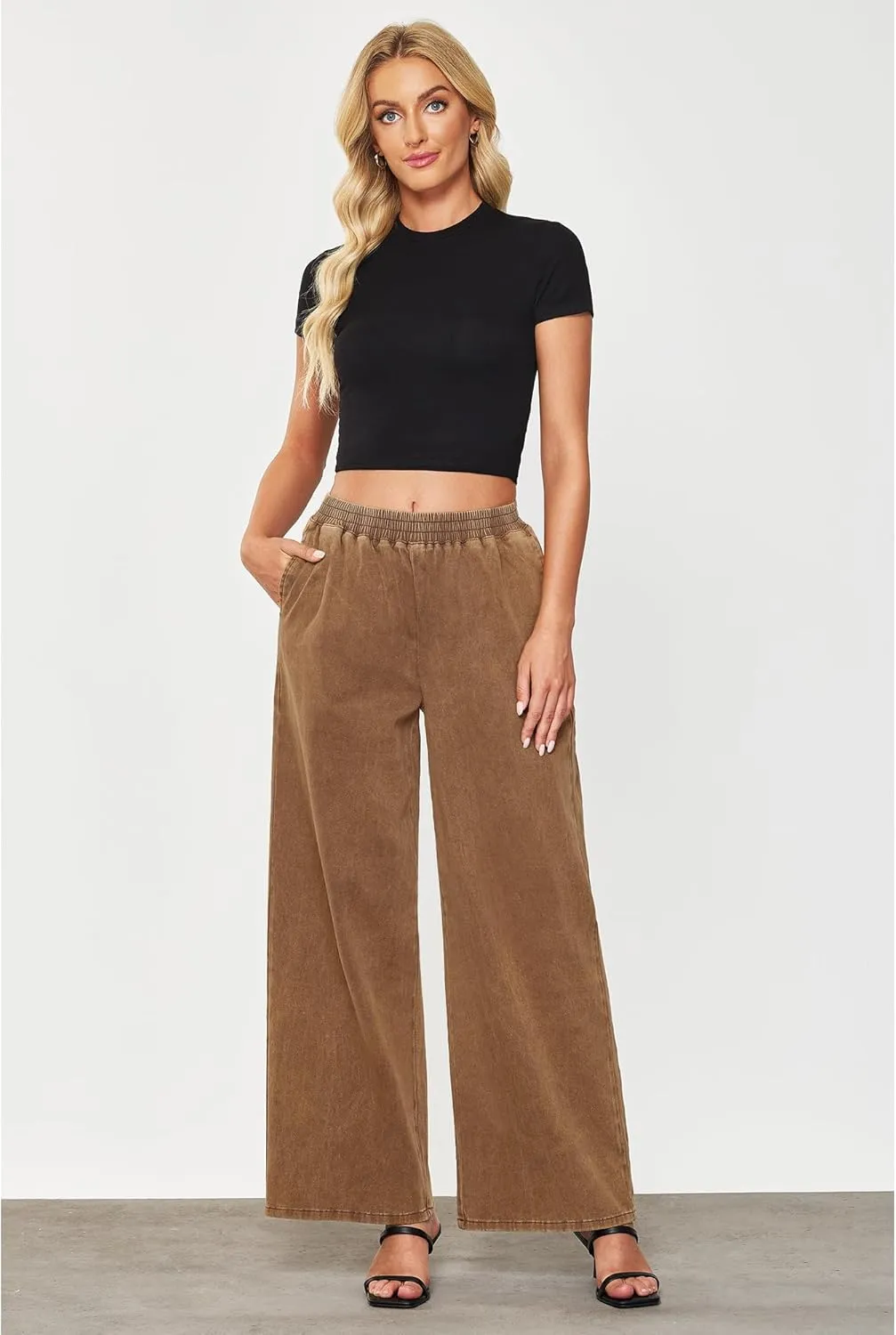 GRAPENT Wide Leg Pants Woman Pull On High Waisted Baggy Straight Leg Colored Jeans Stretch Twill Trouser Pants for Women