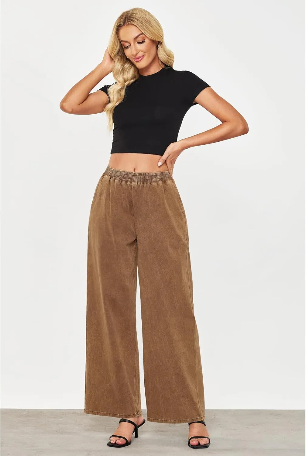 GRAPENT Wide Leg Pants Woman Pull On High Waisted Baggy Straight Leg Colored Jeans Stretch Twill Trouser Pants for Women