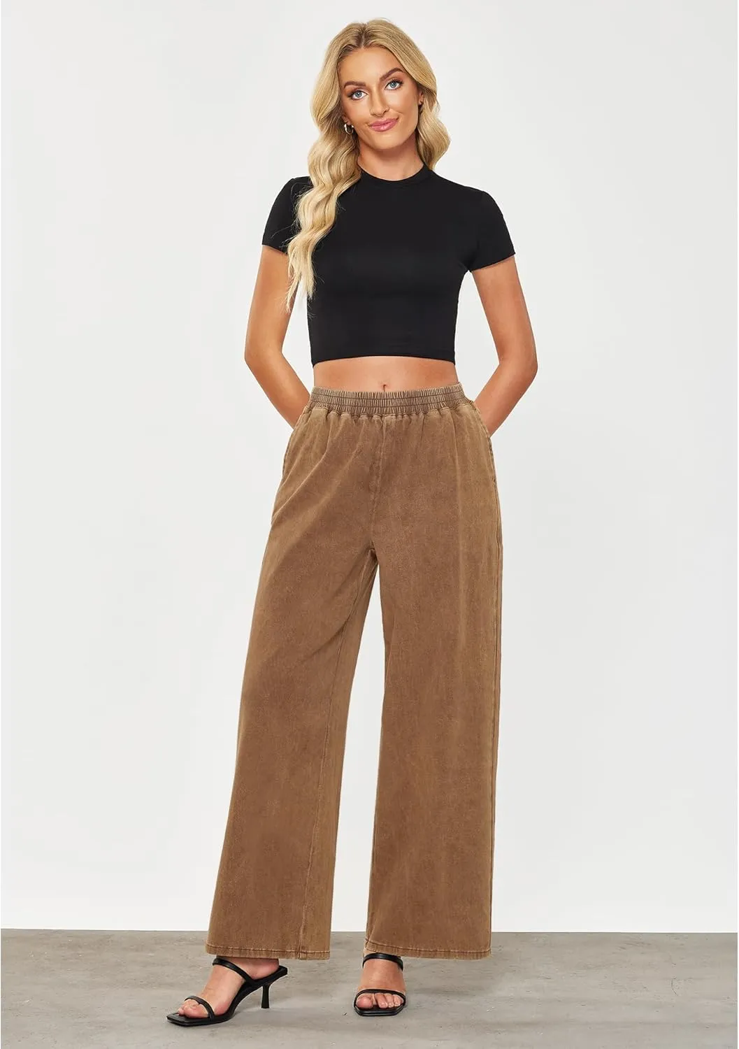 GRAPENT Wide Leg Pants Woman Pull On High Waisted Baggy Straight Leg Colored Jeans Stretch Twill Trouser Pants for Women
