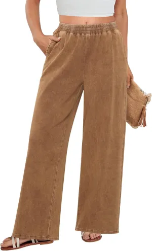 GRAPENT Wide Leg Pants Woman Pull On High Waisted Baggy Straight Leg Colored Jeans Stretch Twill Trouser Pants for Women