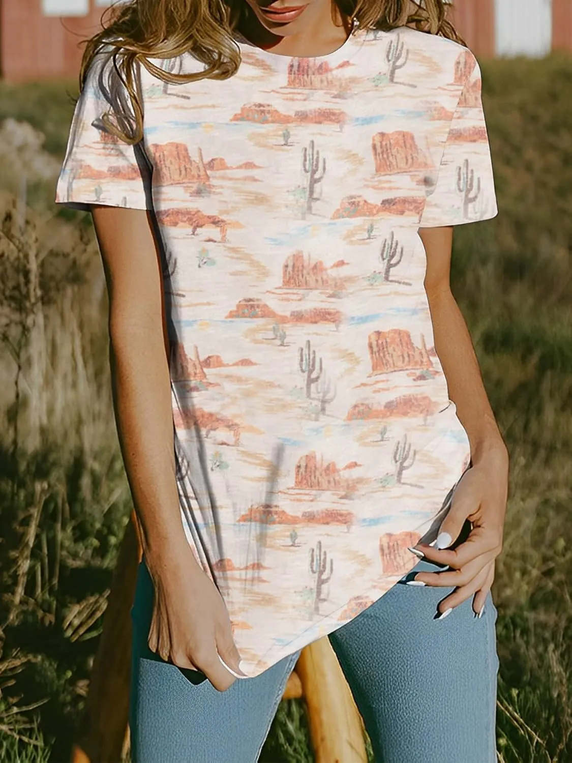 Graphic Shirts for Women Cactus Desert Graphic Tees Short Sleeve Tops