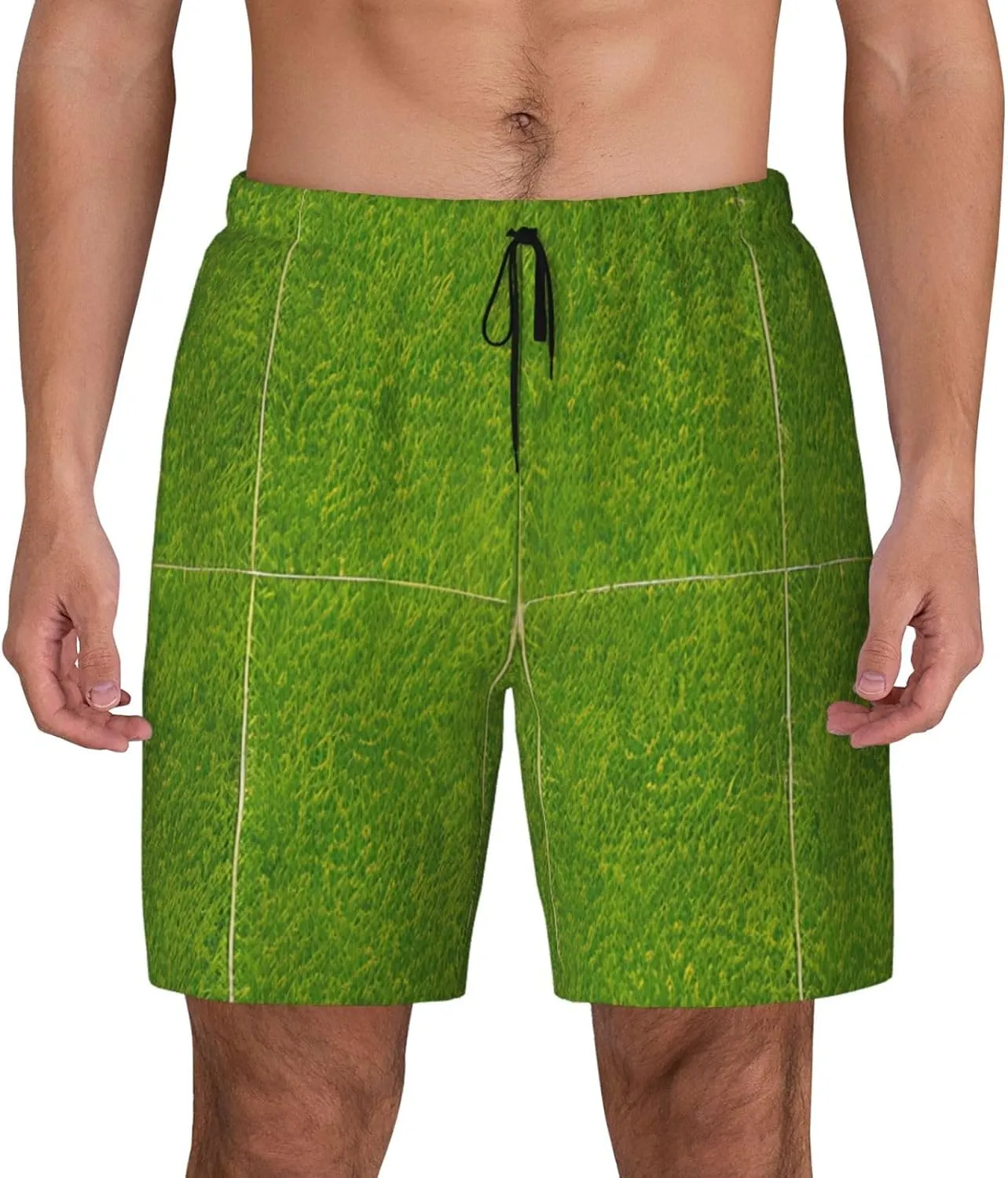 Green Grassland Print Men's Swim Shorts Casual Beach Board Shorts - Quick Dry Running & Workout Trunks