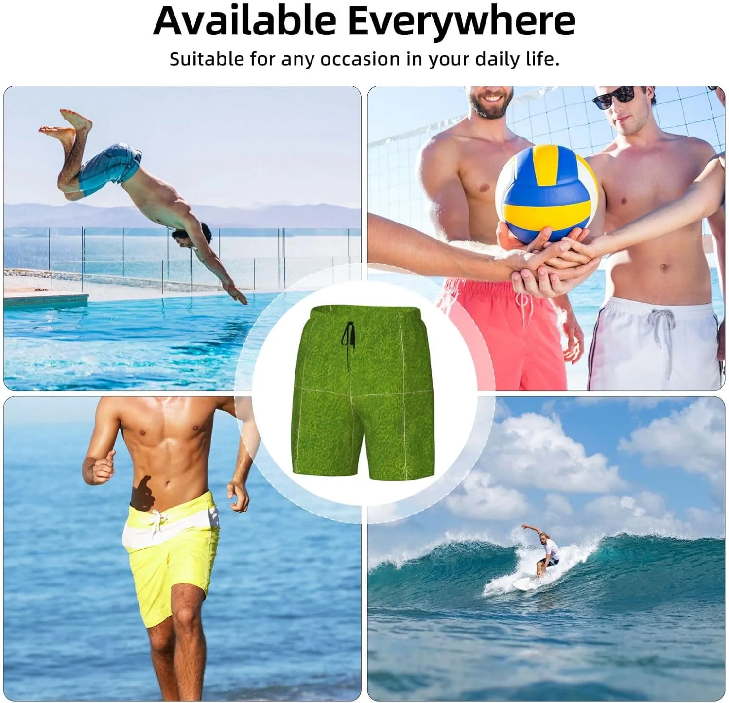 Green Grassland Print Men's Swim Shorts Casual Beach Board Shorts - Quick Dry Running & Workout Trunks
