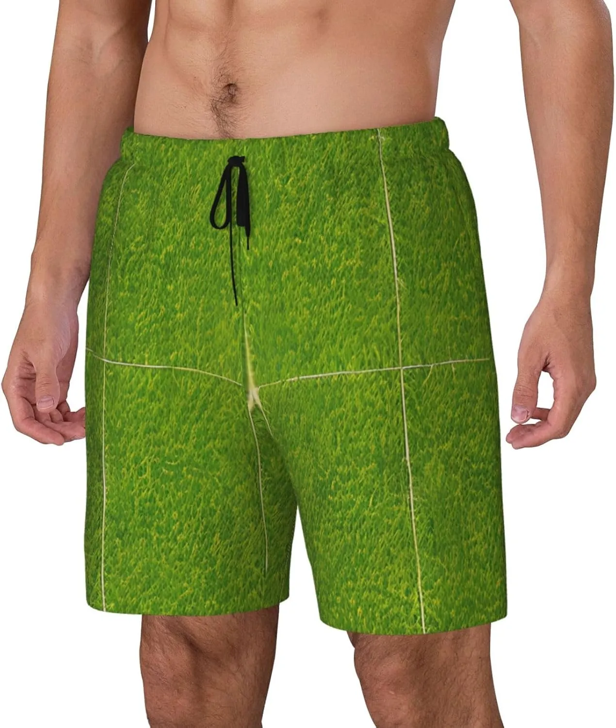 Green Grassland Print Men's Swim Shorts Casual Beach Board Shorts - Quick Dry Running & Workout Trunks