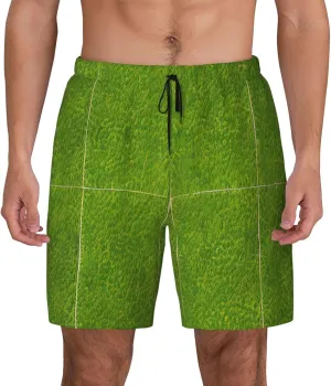 Green Grassland Print Men's Swim Shorts Casual Beach Board Shorts - Quick Dry Running & Workout Trunks