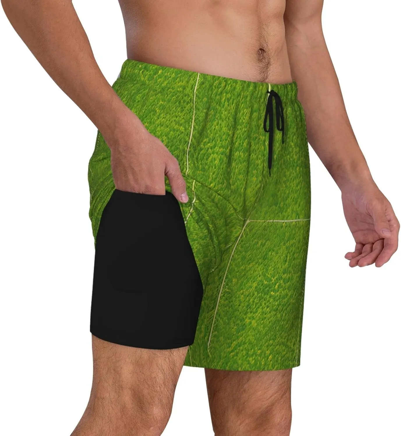 Green Grassland Print Men's Swim Shorts Casual Beach Board Shorts - Quick Dry Running & Workout Trunks