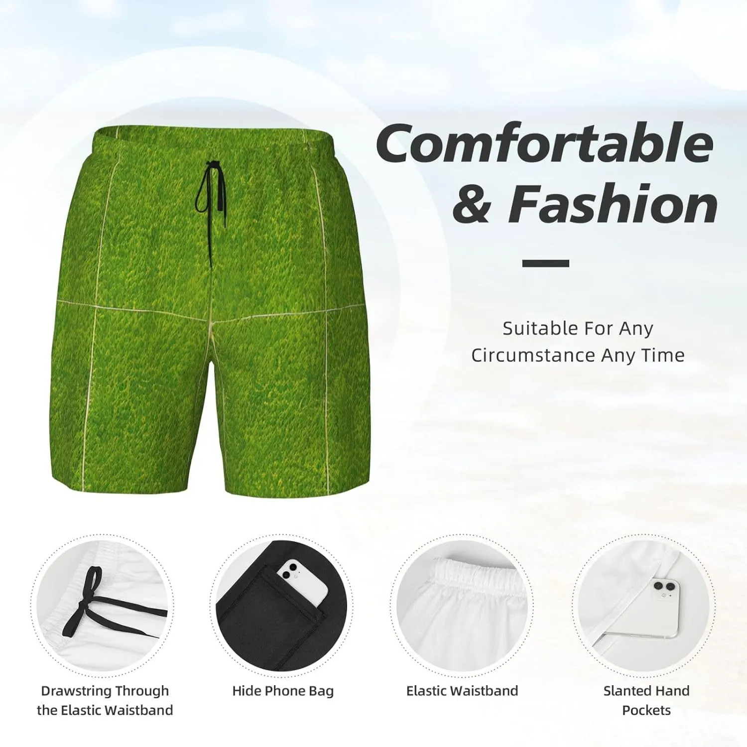 Green Grassland Print Men's Swim Shorts Casual Beach Board Shorts - Quick Dry Running & Workout Trunks