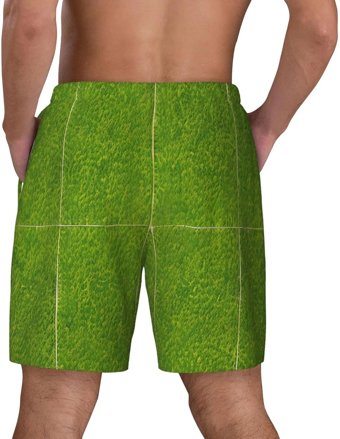 Green Grassland Print Men's Swim Shorts Casual Beach Board Shorts - Quick Dry Running & Workout Trunks