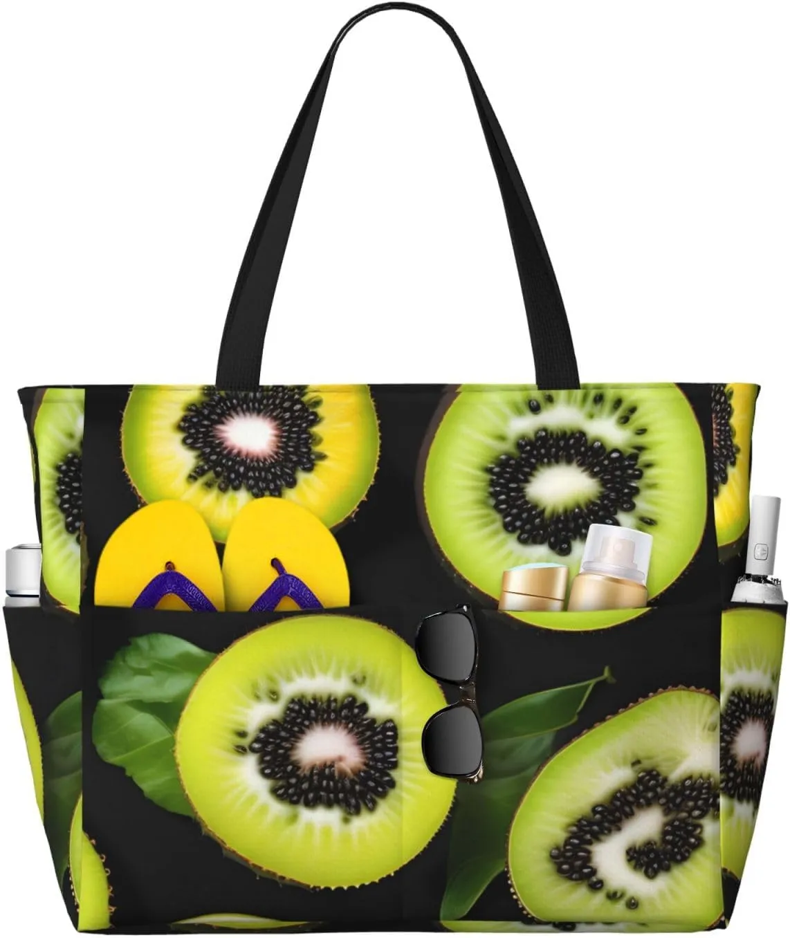 Green kiwi Print 28L Beach Tote Bag, Water-resistant Travel Tote, Lightweight Gym & Camping Carryall